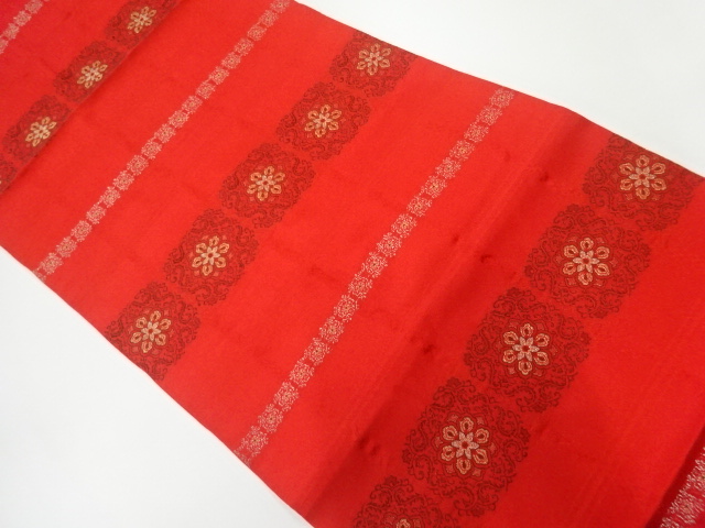 リサイクル　横段に花唐草模様織出し名古屋帯